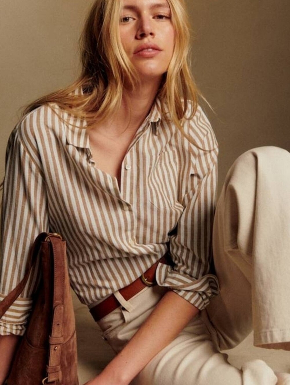 Sezane Tomboy Ecru-Camel Striped Shirt